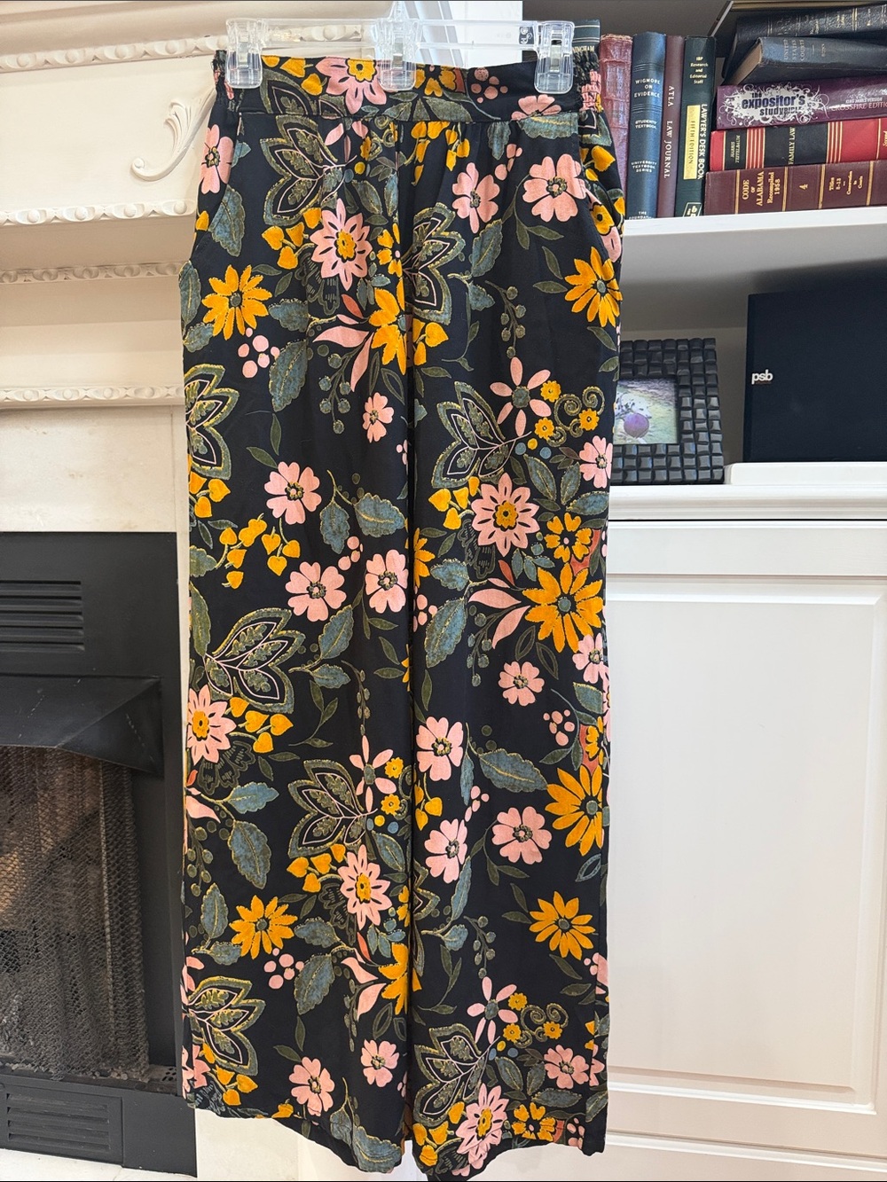 Boho Floral Wide Leg Smocked Utility Pocket Pants Black Romantic Gypsy Small